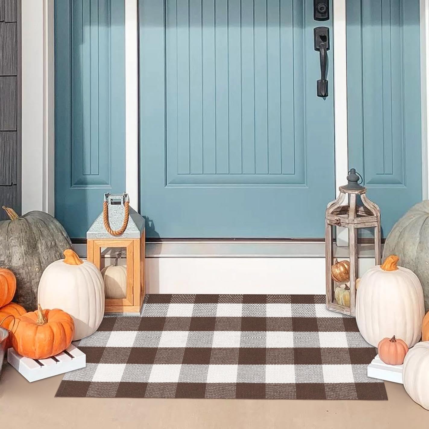 KIMODE Fall Decor Entrance Door Mat Buffalo Plaid Outside Rug 27.5″x43″ Brown and White Checkered Rug Farmhouse Fall Thanksgiving Entrance Porch Rug Washable Cotton Layered Doormats Autumn Mats