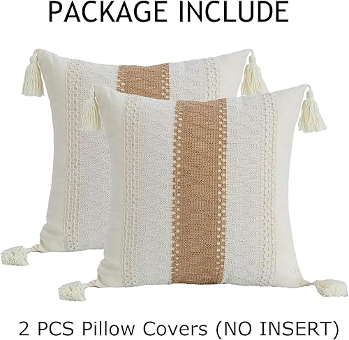 Miniatura 7 de Juego de 2 fundas de almohada bohemias de 18 x 18 pulgadas, fundas de almohada neutras de color beige y marrón con borlas texturizadas a rayas,