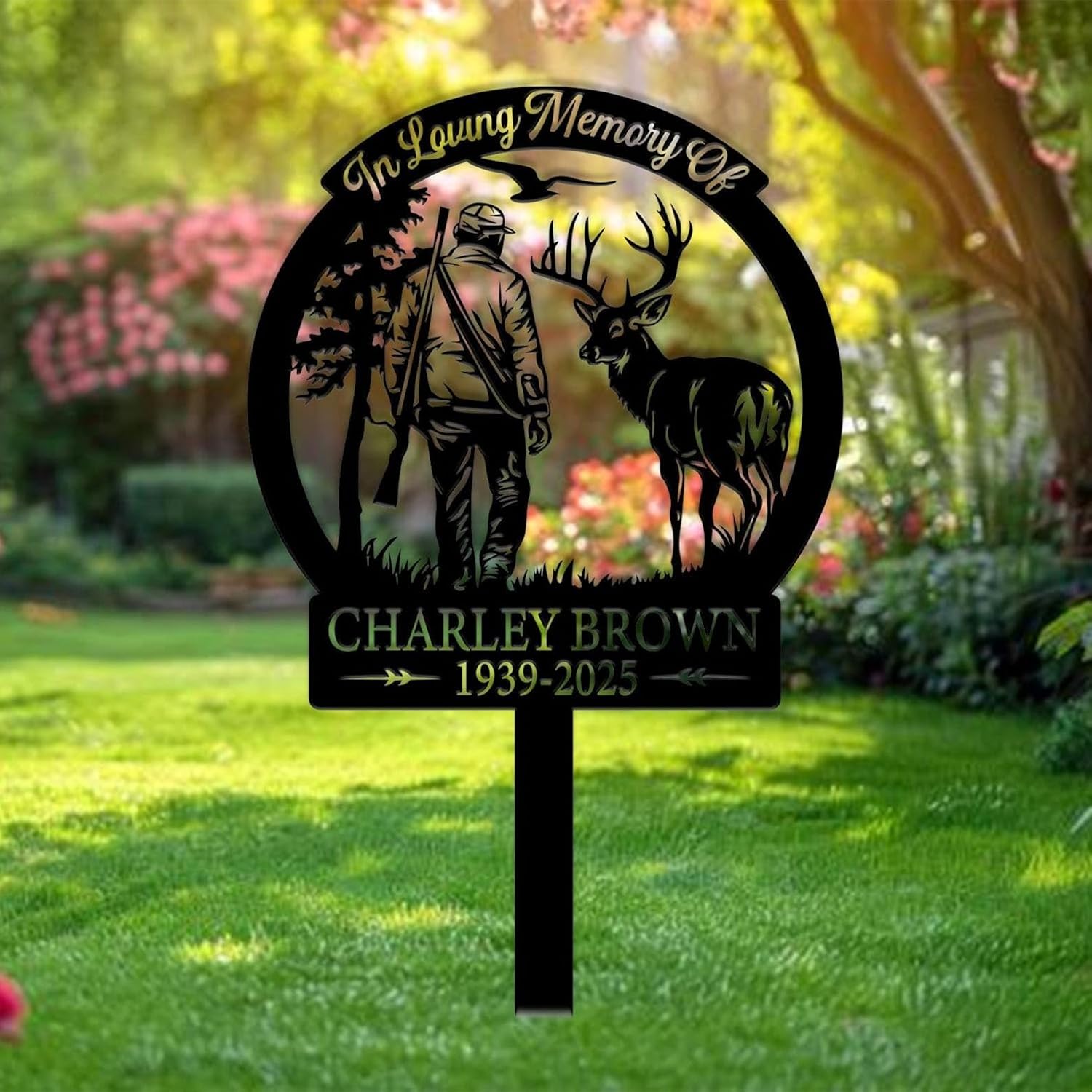 Personalized Hunter Memorial Garden Stake, Deer Hunting Sympathy Sign, Dad Loss Metal Grave Marker, Hunting Tribute (Dad Deer Hunter Memorial)