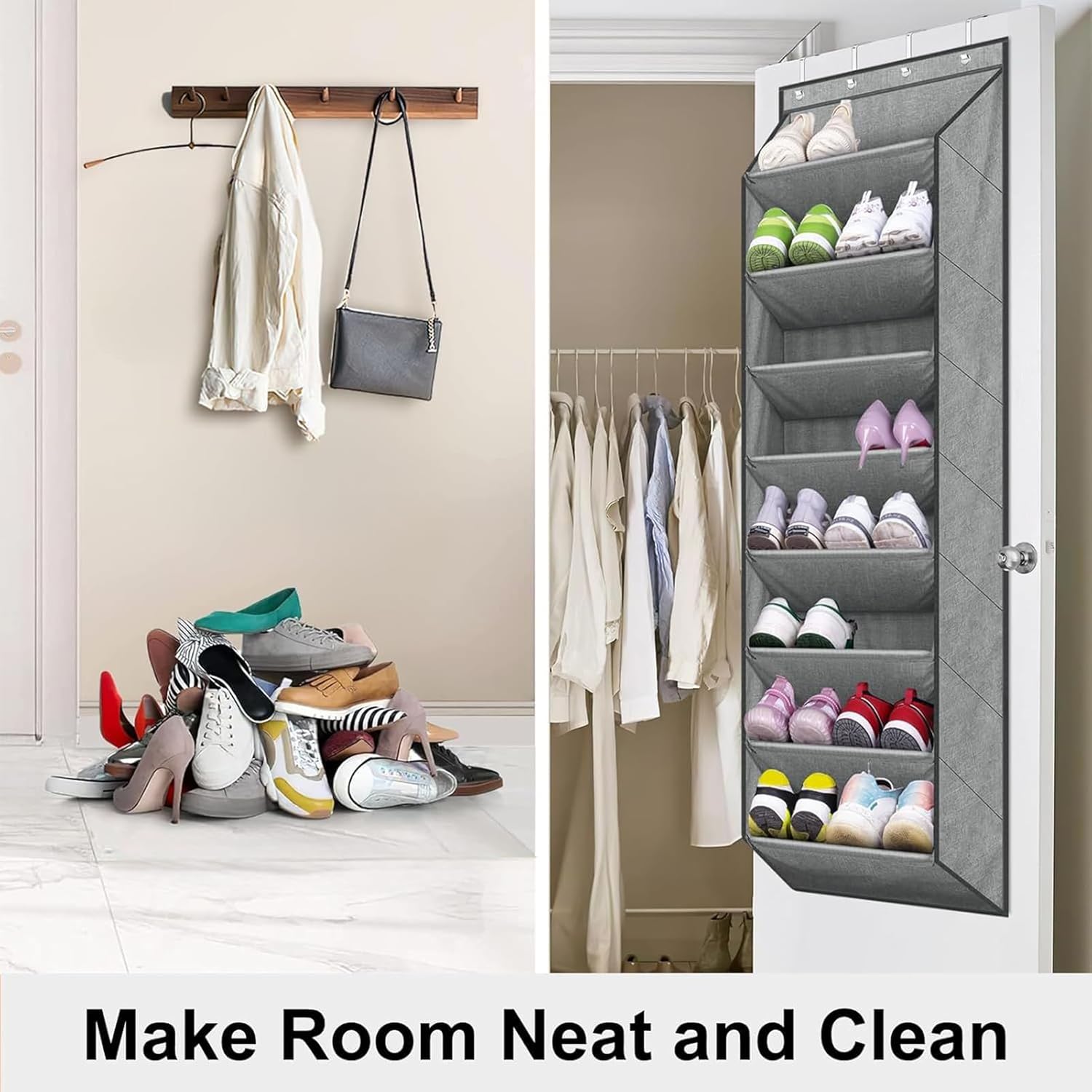 Over the Door Shoe Organizer | 8 Tiers Boot Holder - Shoe Organizer for Closet with Large Deep Pockets,for Closet Wall Door Bedroom Dorm RV Boot Sock Headphone