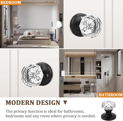 Miniatura 2 de Orger Paquete de 2 pomos de puerta de vidrio con roseta negra plana, pomos de puerta de bañocama para uso de privacidad, manijas de puerta