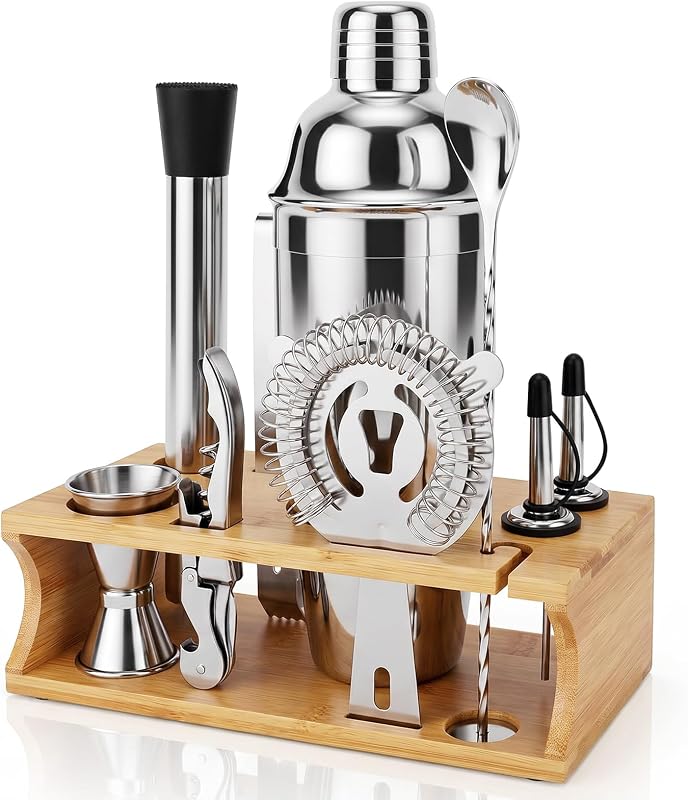 Juego de coctelera de acero inoxidable de 10 piezas, kit de barman con soporte | Juego de herramientas de barra todo en uno, coctelera de Martini, mortero, aparejo, colador y cuchara mezcladora, para principiantes, carrito de barra y mezcla de bebidas