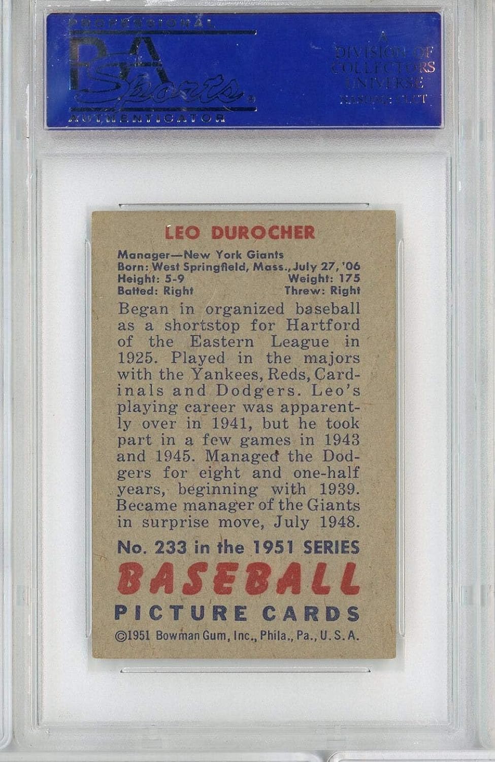 Graded 1951 Bowman Leo Durocher #233 Baseball Card PSA 6 EX-MT