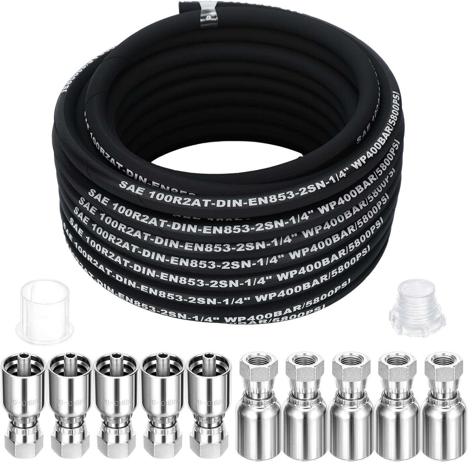 Frienda Hydraulic Hose 1/4" x 50 ft with 10 Pcs JIC 37° Female & NPF Male Hydraulic Hose Fittings – 4800 Psi Rated Tensile Steel Wire Braid for Industrial Construction Agricultural