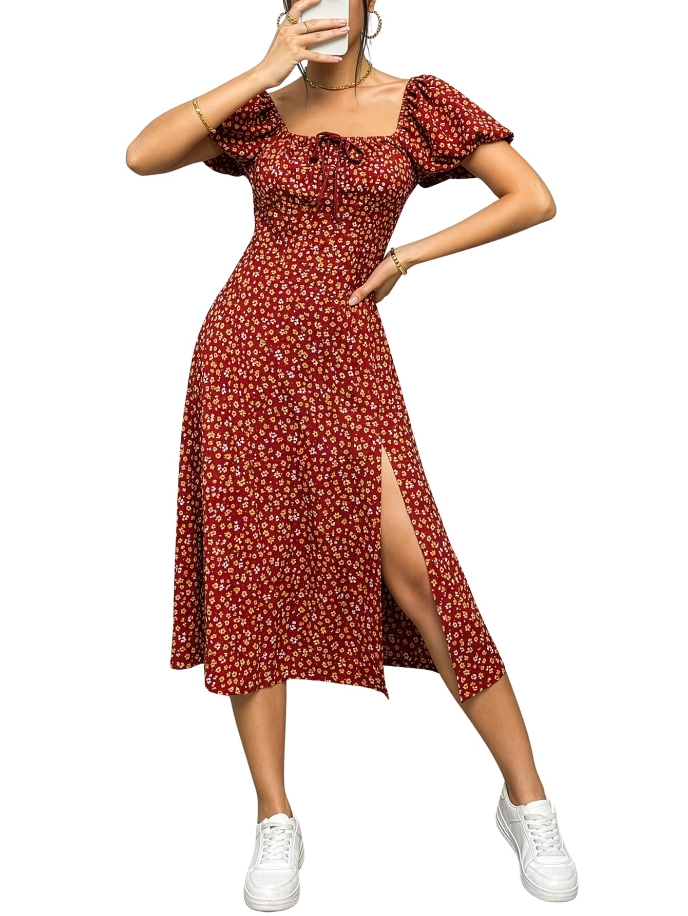 Floral Printed Puff Sleeve High Slit Maxi Outfit Dress for Women's & Girl's-image-48