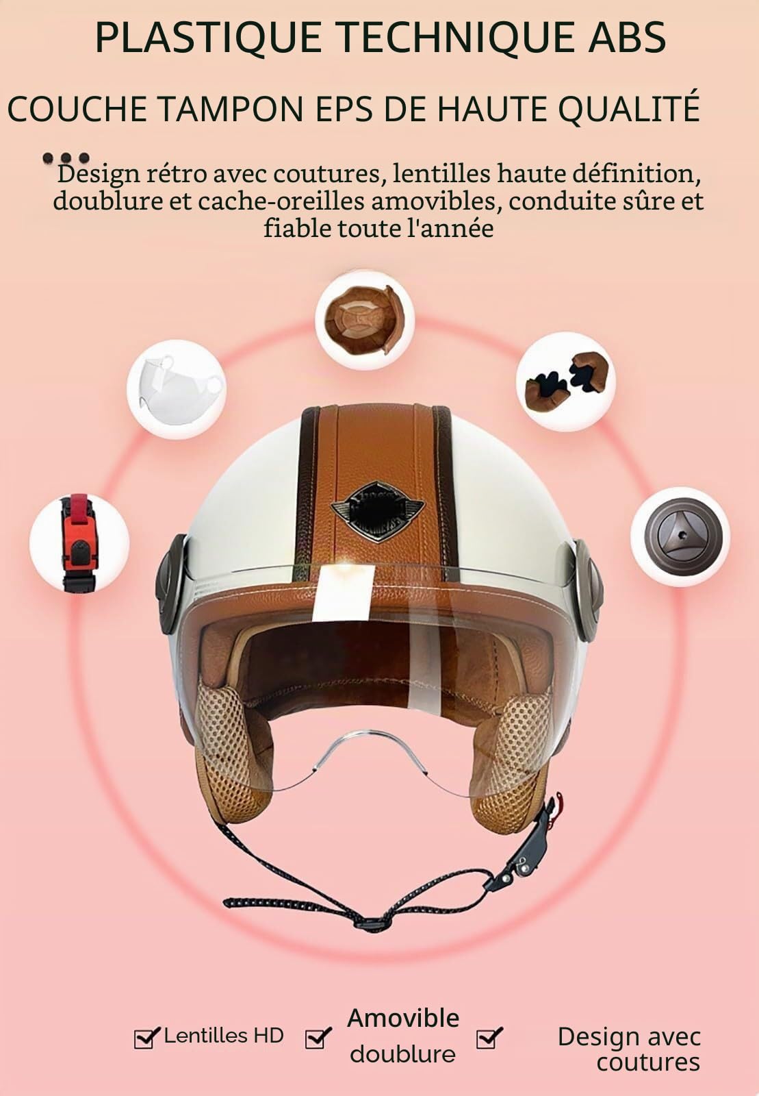 Casque Jet Moto Vintage avec Visière Casque Mobylette Homologué ECEDOT Rétro Demi Casque Moto Vélo Scooter Chopper pour Adultes Homme Et Femme(9,M=57-58CM)