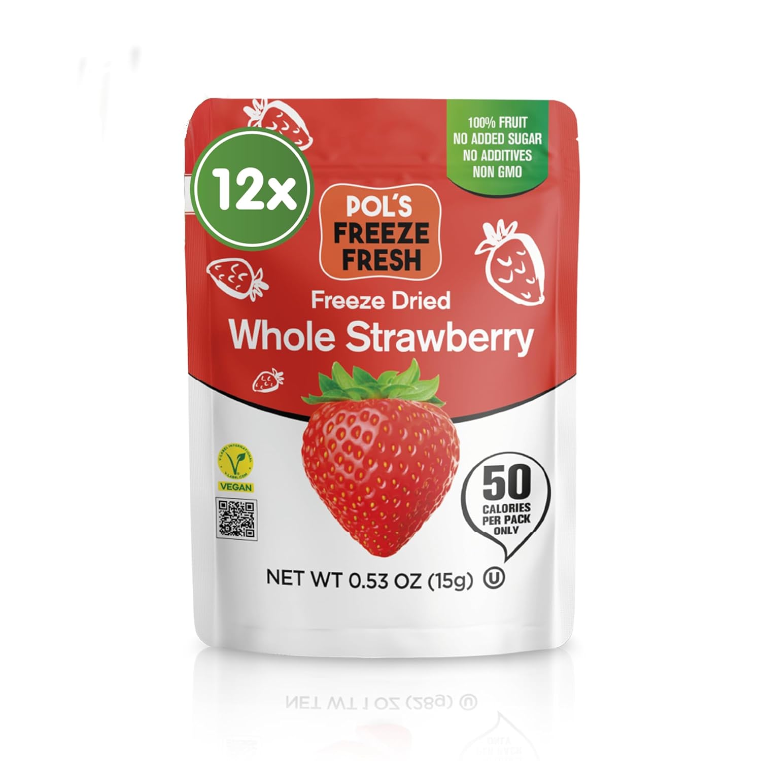 Pol's Fresh Freeze Dried Strawberries Whole, Single Ingredient, No Sugar Added, 12 Pack (0.53 oz Each) - Crispy Crunchy Healthy Fruit Snacks for Cereal, Yogurt & Smoothies, Gluten Free, Vegan, Kosher