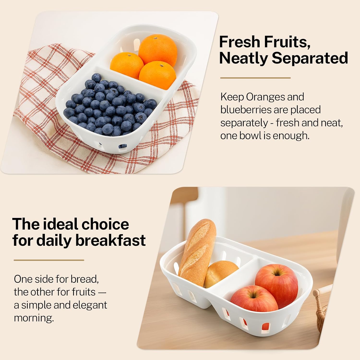 Ceramic Berry Basket, 2 in 1 Square Fruit Bowl with Holes, Ceramic Colander for Kitchen, Refrigerator, Counter, Holds Berries, Strawberries, Grapes, Cherries, Vegetables (White)
