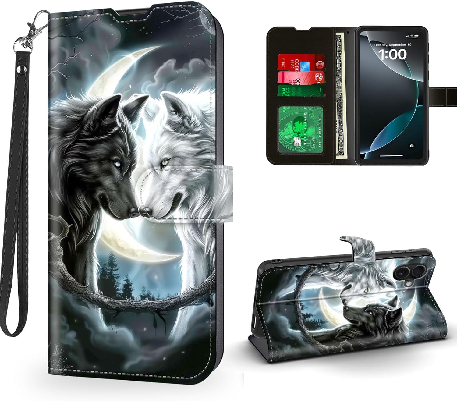 for iPhone 17 Case Wallet with Card Holder, Black White Wolf RFID and Magnetic Snap Blocking Leather Flip Cover/Kickstand for iPhone 17 Case