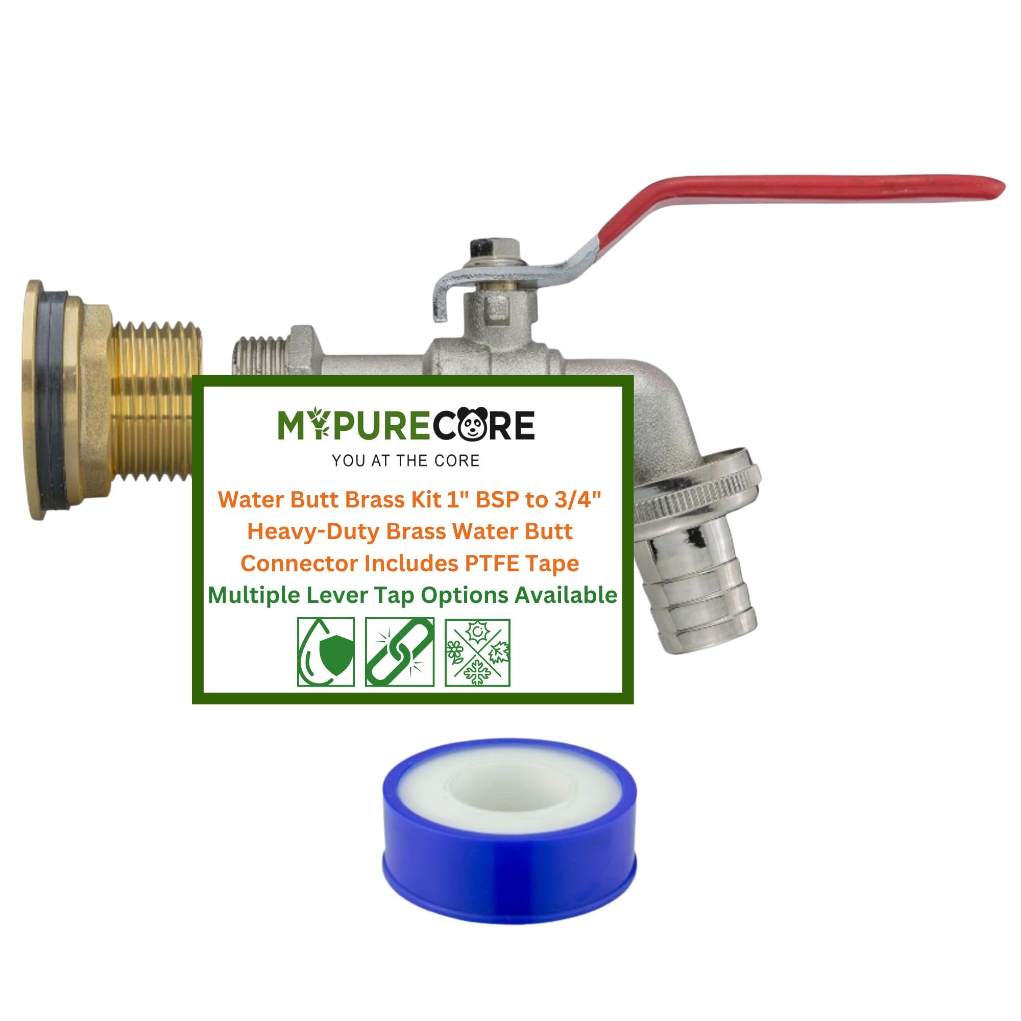 MYPURECORE Water Butt Brass Kit 1” BSP to 3/4” – Heavy-Duty Brass Tank Connector with PTFE Tape & Lever Tap Options – Rainwater Harvesting, Barrels & IBC Containers ((Quick Connect Outlet))