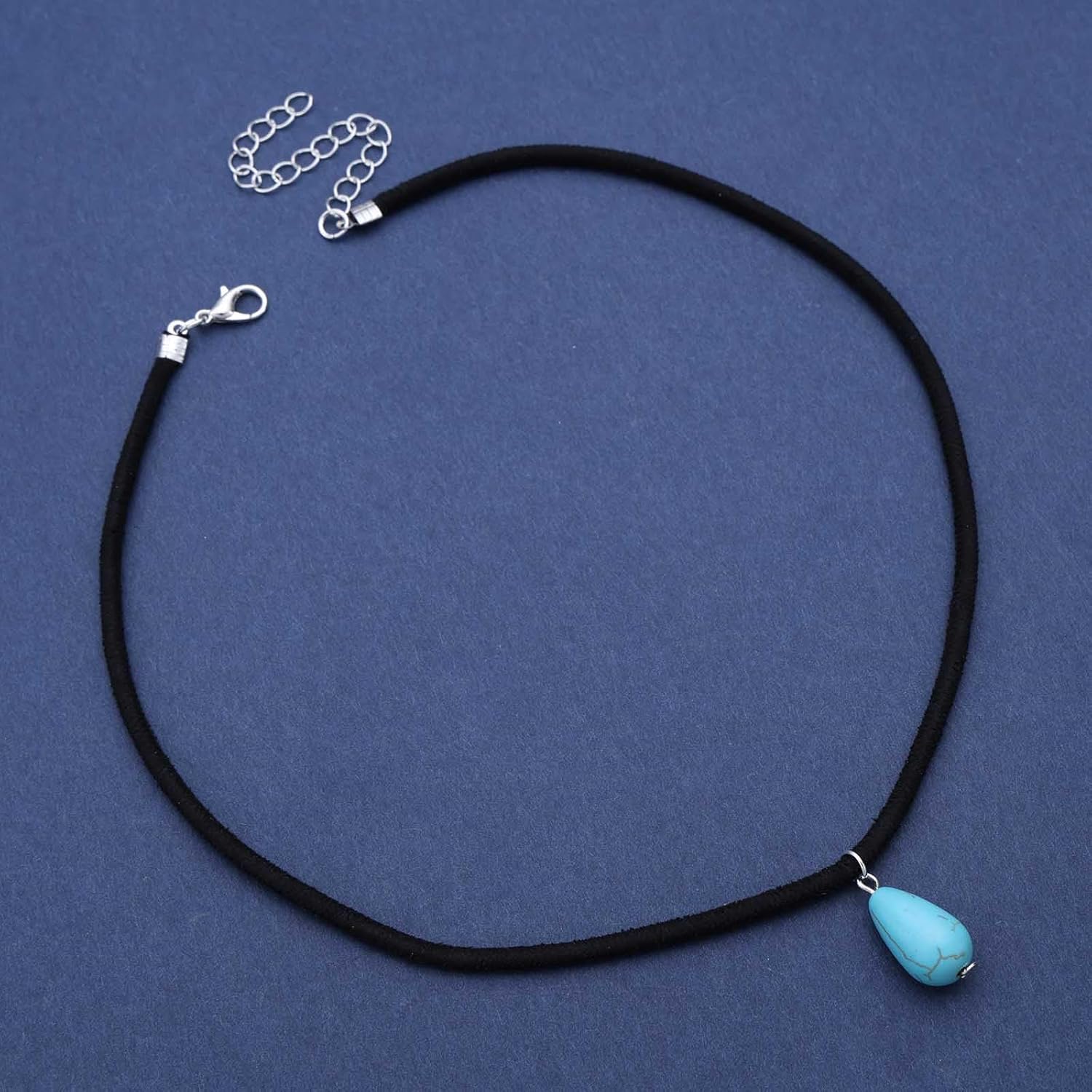Vintage Turquoise Suede Choker Necklace Black Velvet Cord Necklace Blue Turquoise Pendant Necklace Teardrop Turquoise Necklace Black Leather Suede Necklace Jewelry for Women - Image 3