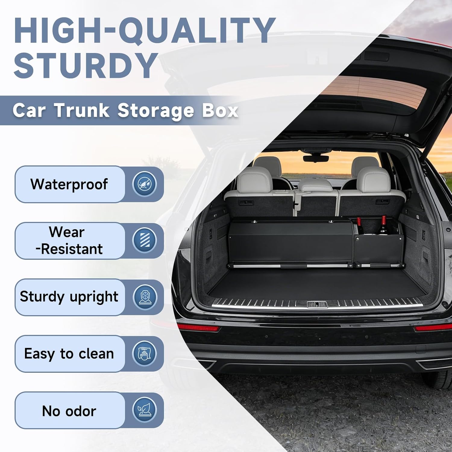 Car Trunk Organizer, Collapsible Leather Car Trunk Storage Organizer with Lid and Sturdy Handle Car Organizer and Storage for SUV, Truck, Sedan (Black, 41 x 11.4 x 12.2in)