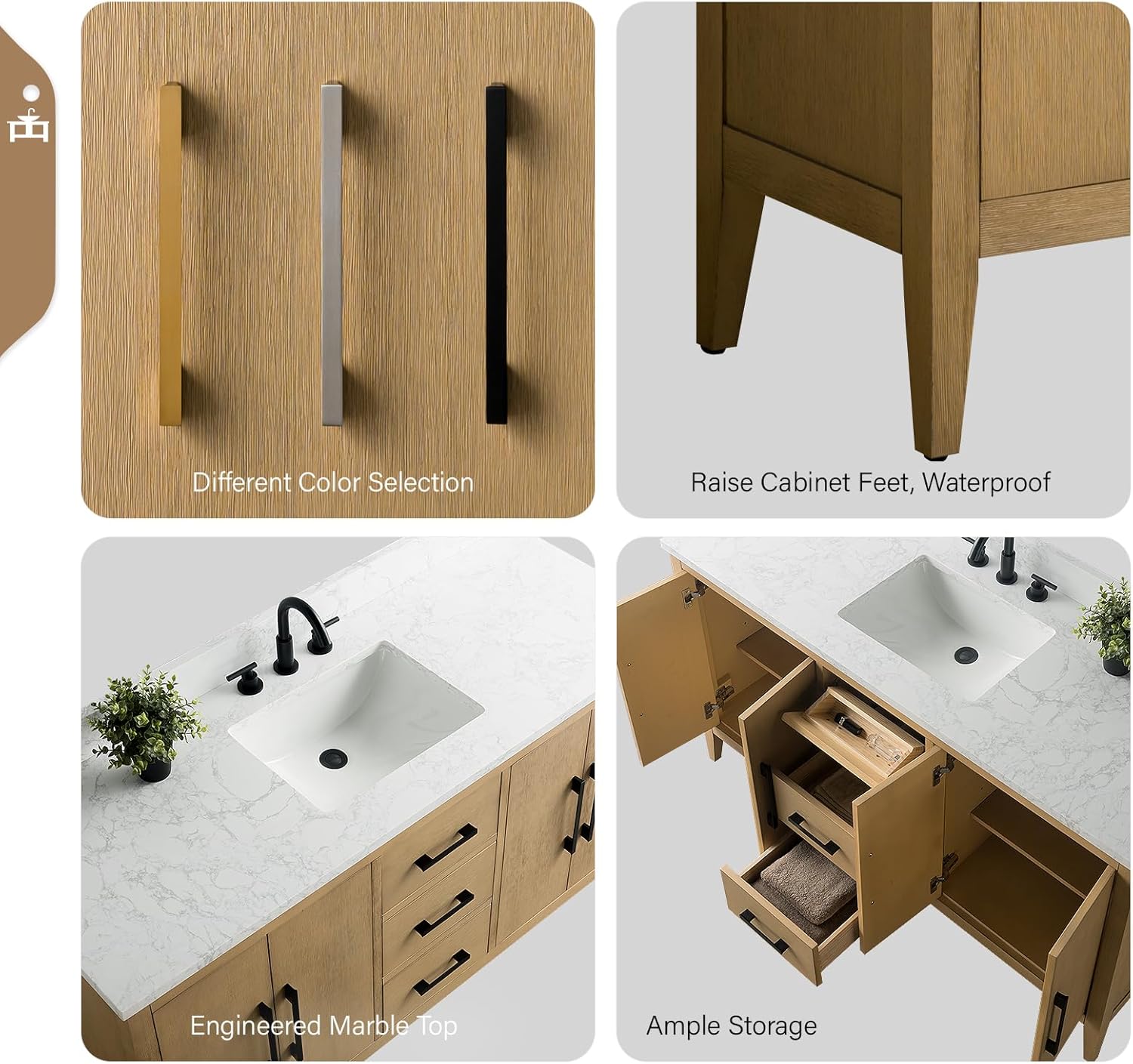 Vanity Art 60 inch Bathroom Vanity with Single Sink & Ceramic Top, Vanity Cabinet with Soft-Closing Doors, Drawers, Solid Wood Frame, Natural Oak, VA9060-SNO-GB1