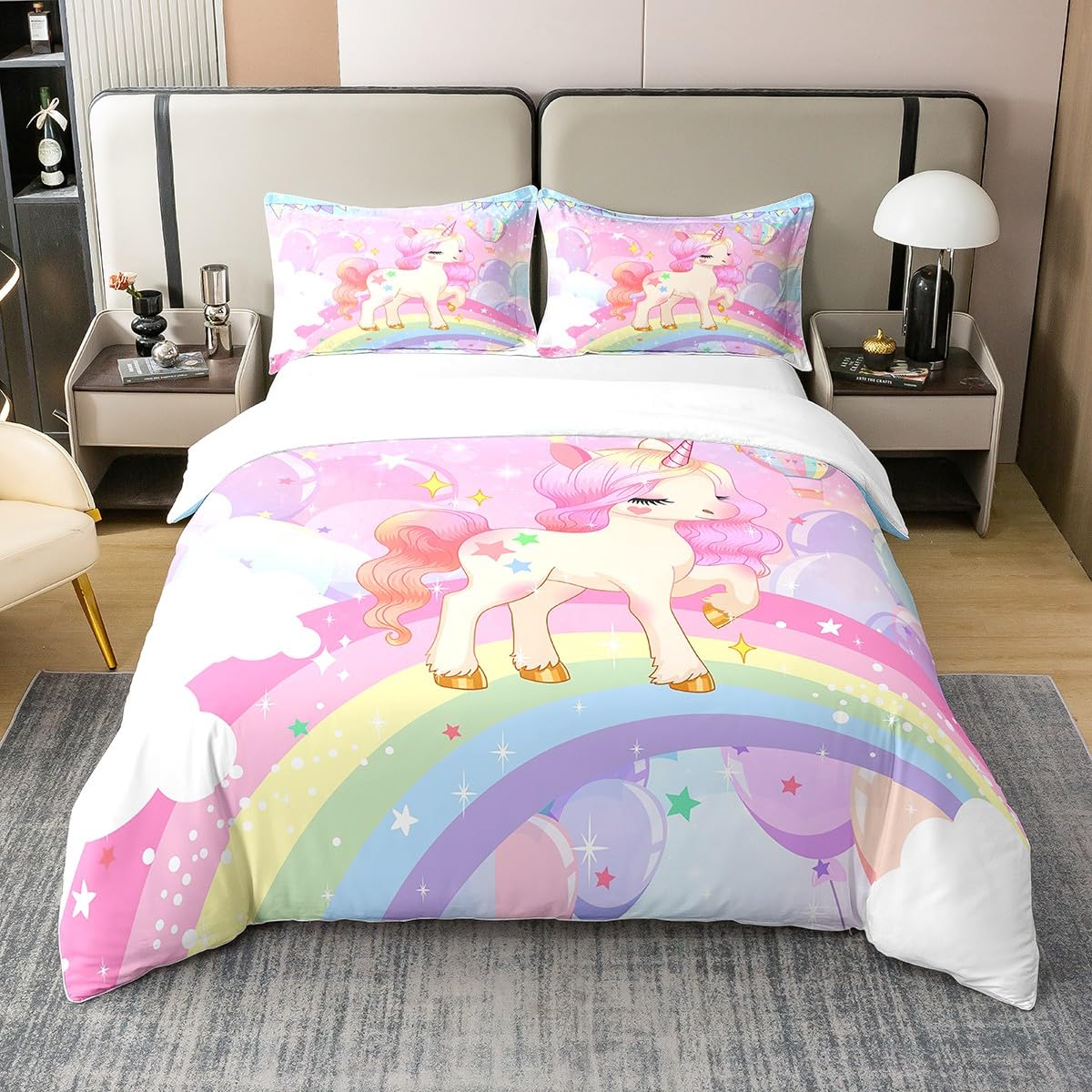 Homemissing Licorne Housse De Couette 140x200cm 100% Coton Kawaii Mignon Rainbow Licorne Housse De Couette Cheval Literie Enfants Galaxie Étoiles Magique Rose Animaux Parure Lit