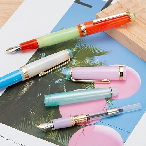 Miniatura 5 de Jinhao 82 Pluma estilográfica acrílica, plumín medio de iridio con convertidor de tinta, diseño clásico de contraste de color azul macarón y acabado