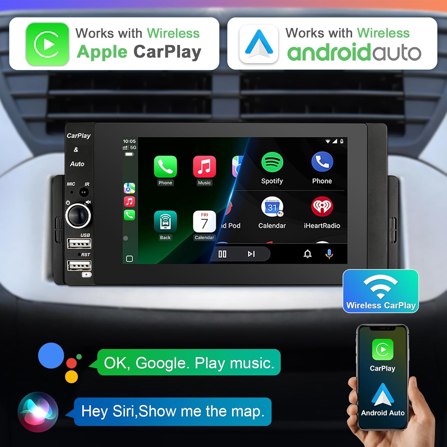 Car stereo screen showing Apple CarPlay and Android Auto logos, with a smartphone displaying the CarPlay interface.