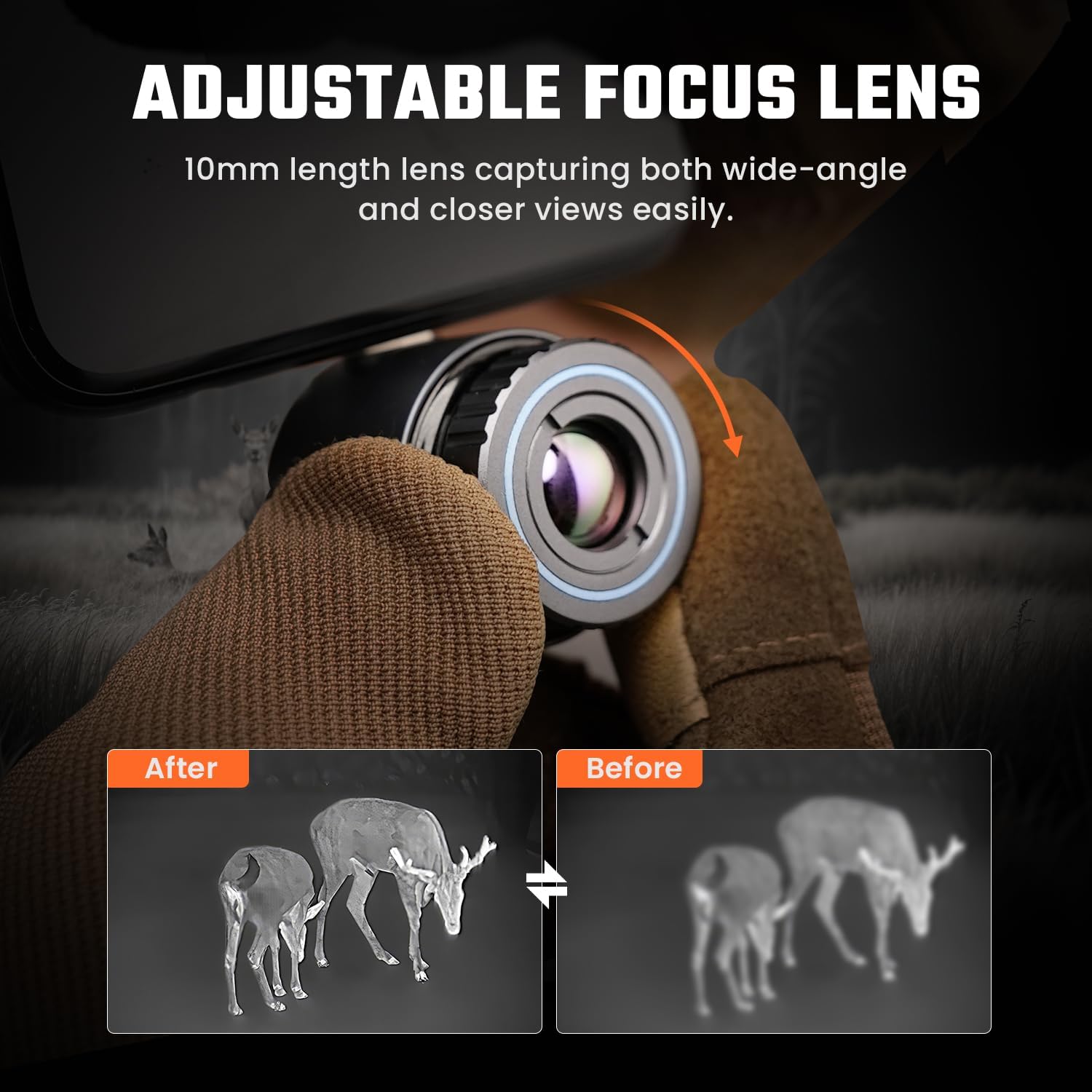 Comparison image showing the effect of adjustable focus on the thermal monocular, with a blurry image of deer 'Before' adjustment and a clear image 'After' adjustment.