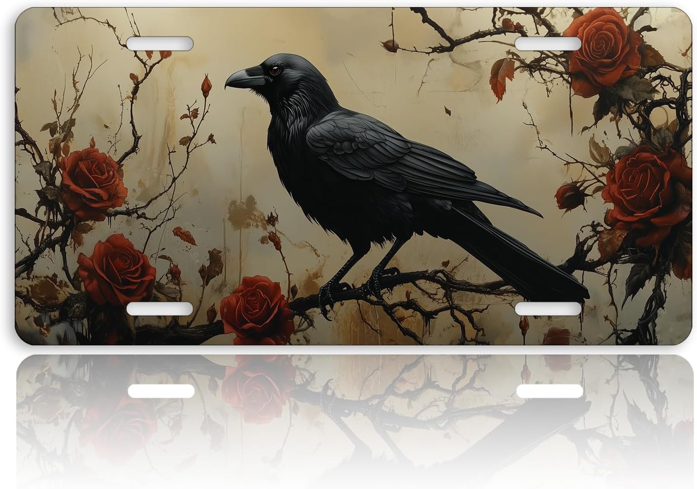 Gothic Raven Front License Plate for Women Vintage Black Bird Red Rose Floral Car Vanity Plates Decorative Aluminum Metal Cute Novelty License Plate 6x12 Inch (4 Holes)