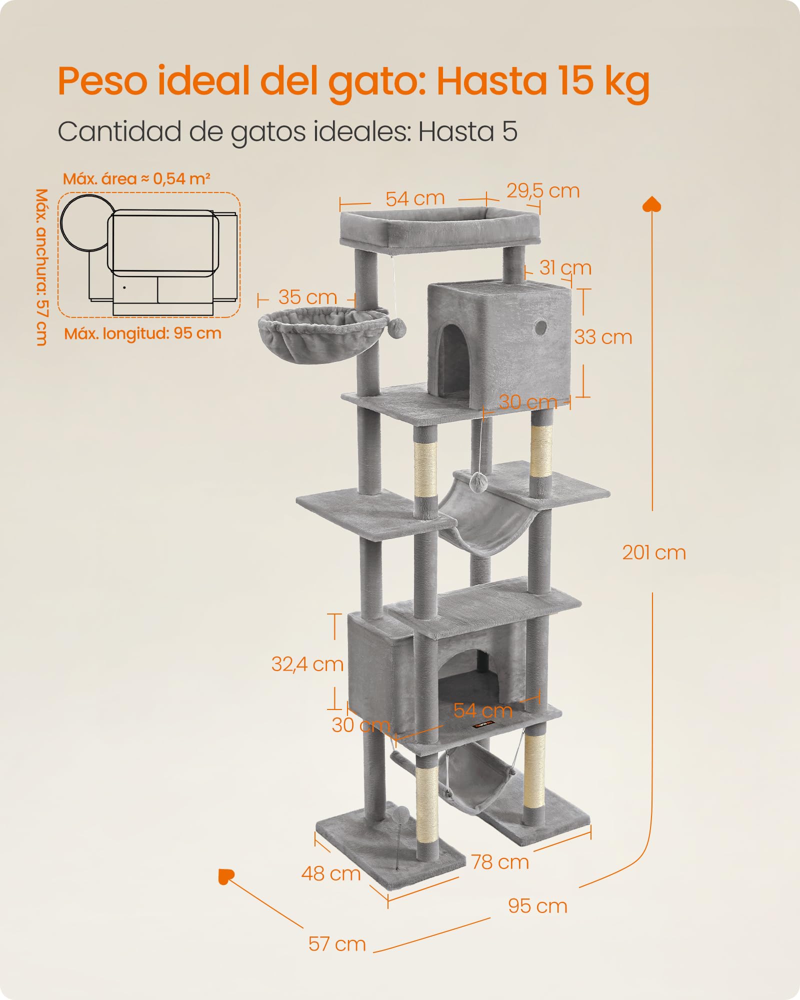 Feandrea Árbol Grande para Gatos, Rascador Multinivel para Gatos XXL, 201 cm de Altura, con una Plataforma, una Cesta, 2 Casas para Gatos, 2 hamacas, Gris Claro PCT195G01