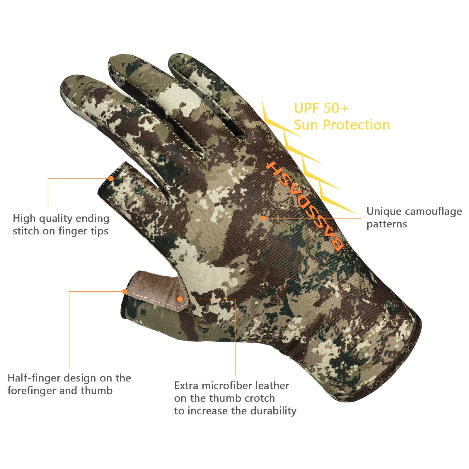 BASSDASH Guantes unisex de caza de camuflaje sin dedos para hombres y mujeres, para clima cálido UPF 50+, ligeros fotografía de pesca HG03