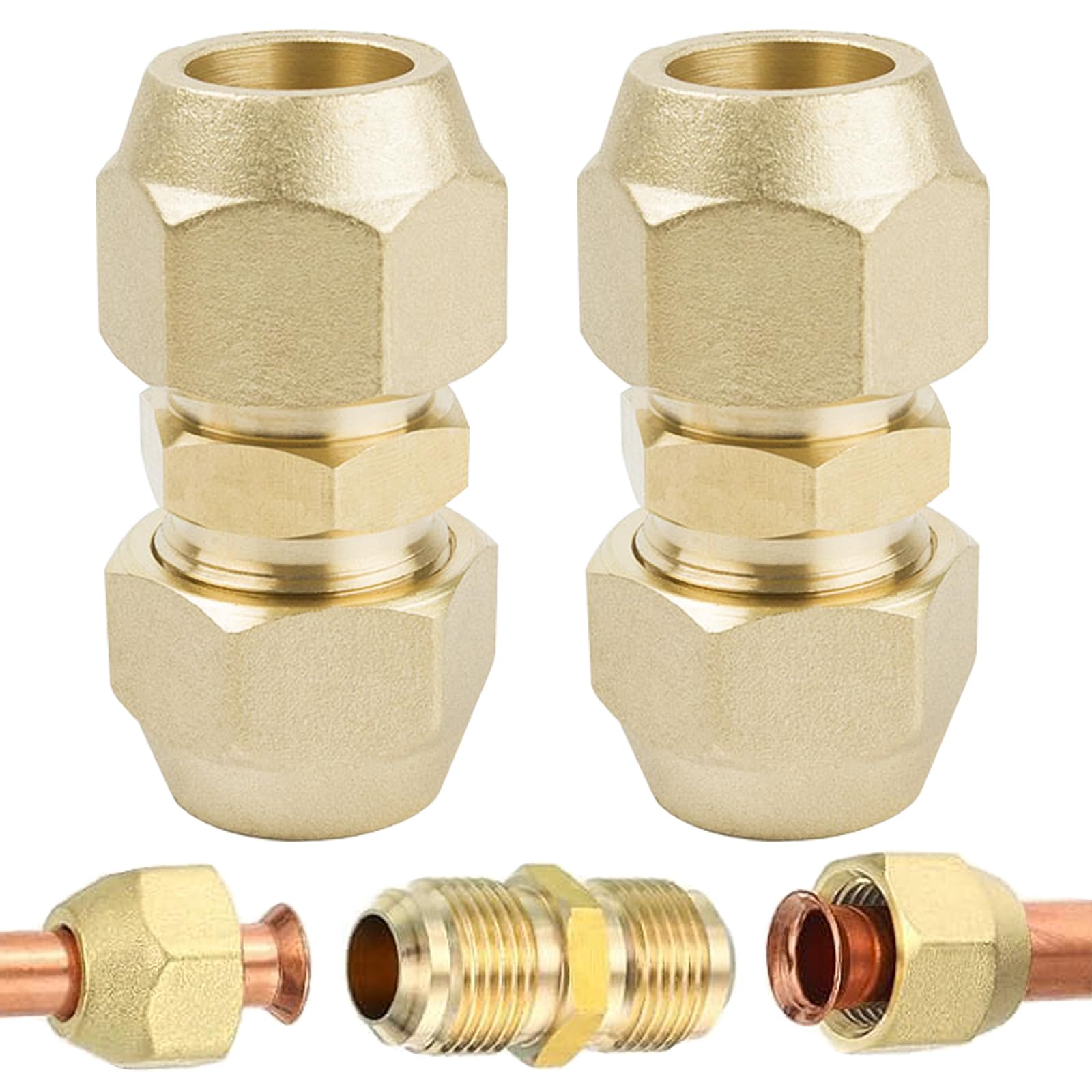 2 Piezas Boquilla Doble para Tubos de Cobre, Extensión de Tubo de Cobre para Aire Acondicionado de 1/2 Pulgadas, Con Nuez, Tuercas de Unión de Línea de Refrigerante(Oro)