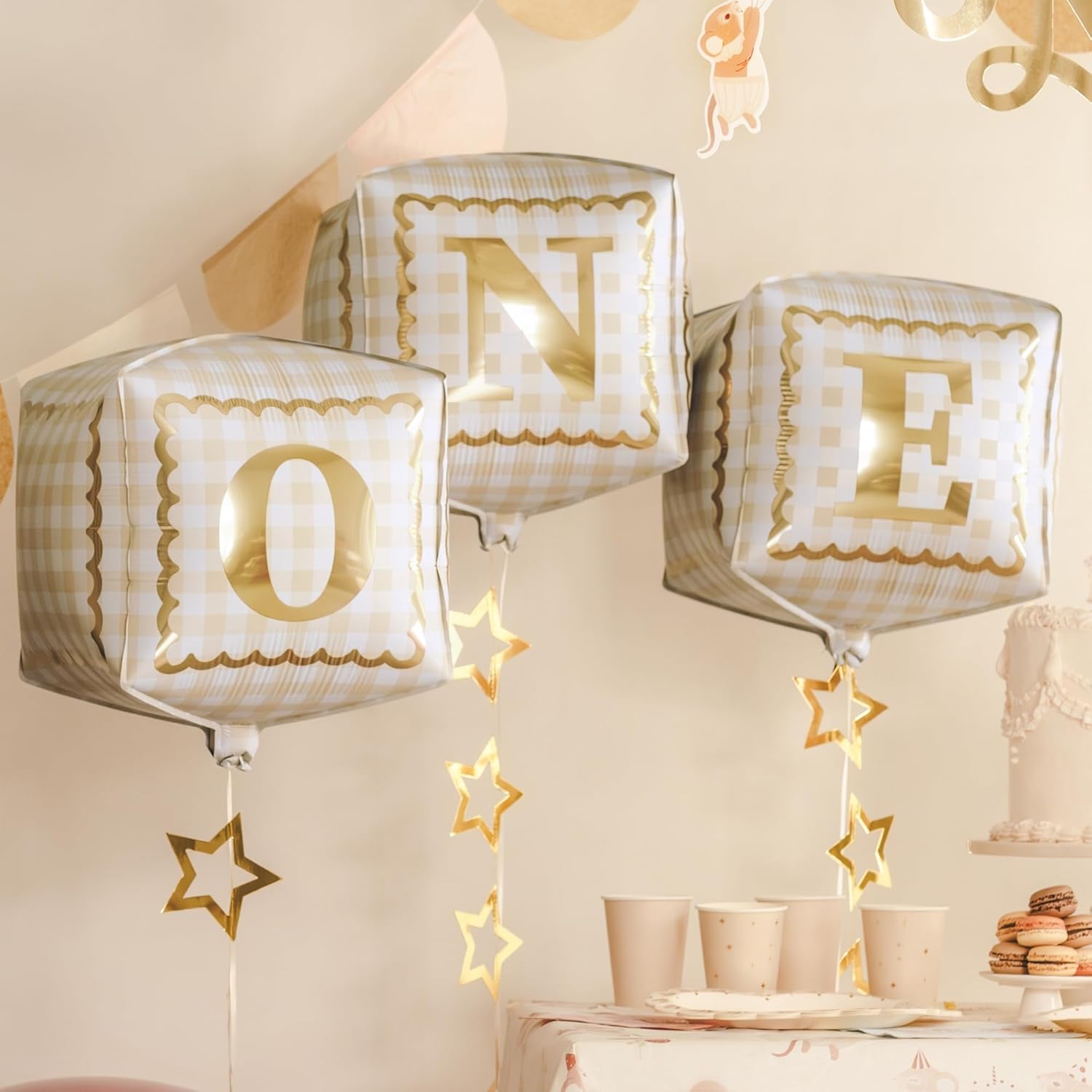 ONE Birthday Balloons PartyDeco – Set of 3 Cube Foil Balloons for 1st Birthday, Neutral Colors, Gender Neutral Party Decoration