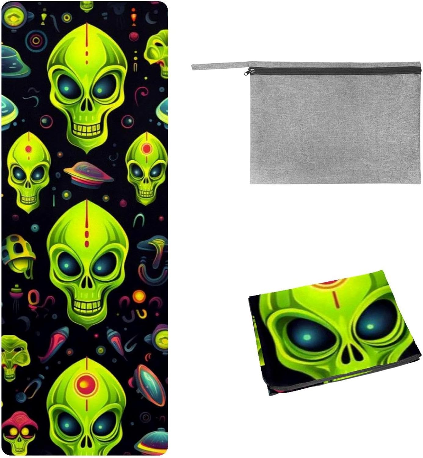Yoga Towel, Outer Space Alien Pattern Non Slip Sweat Absorbent Hot Yoga Mat Towel for Hot Yoga, Pilates and Fitness - 72.8" x 26.8"