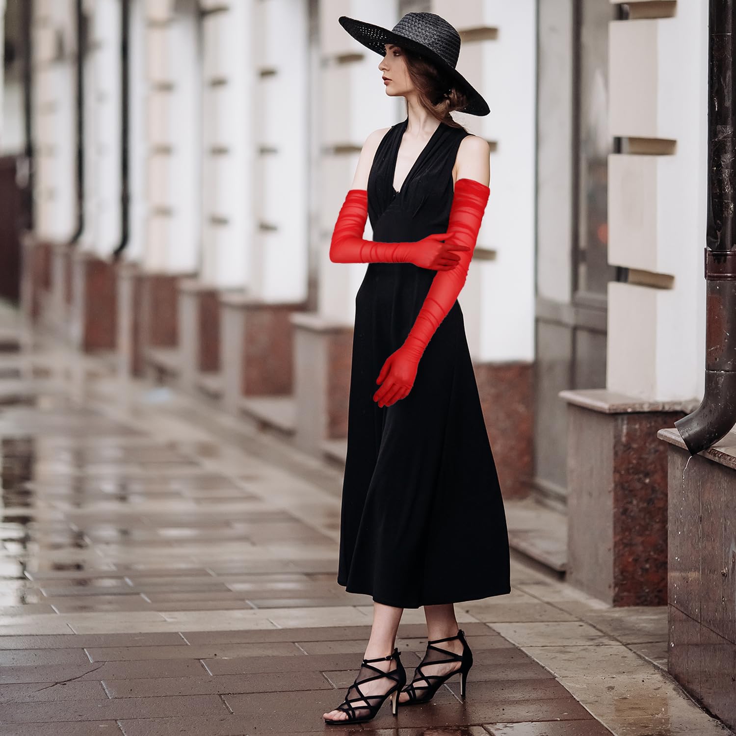 Dlugie Rekawiczki Damskie, 1920s Seksowne Przezroczyste Rekawiczki Eleganckie Dlugie Rekawiczki Operowe Siatkowe Tiulowe Rekawiczki na Impreze Kostiumowa Wieczór Halloween (Czerwony)