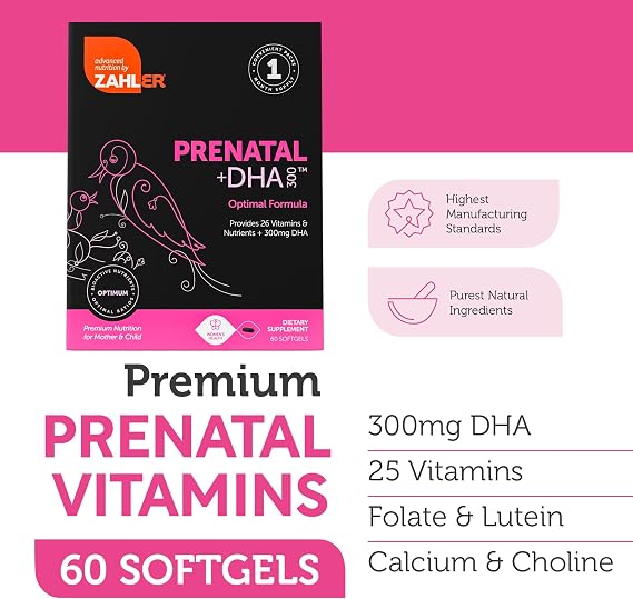 Zahler Prenatal +DHA 300 - Prenatal Vitamin with Methylated Folate & DHA for Pregnant Women - Support for Mom & Baby - Kosher, Gluten Free, Dairy Free - 60 Softgels