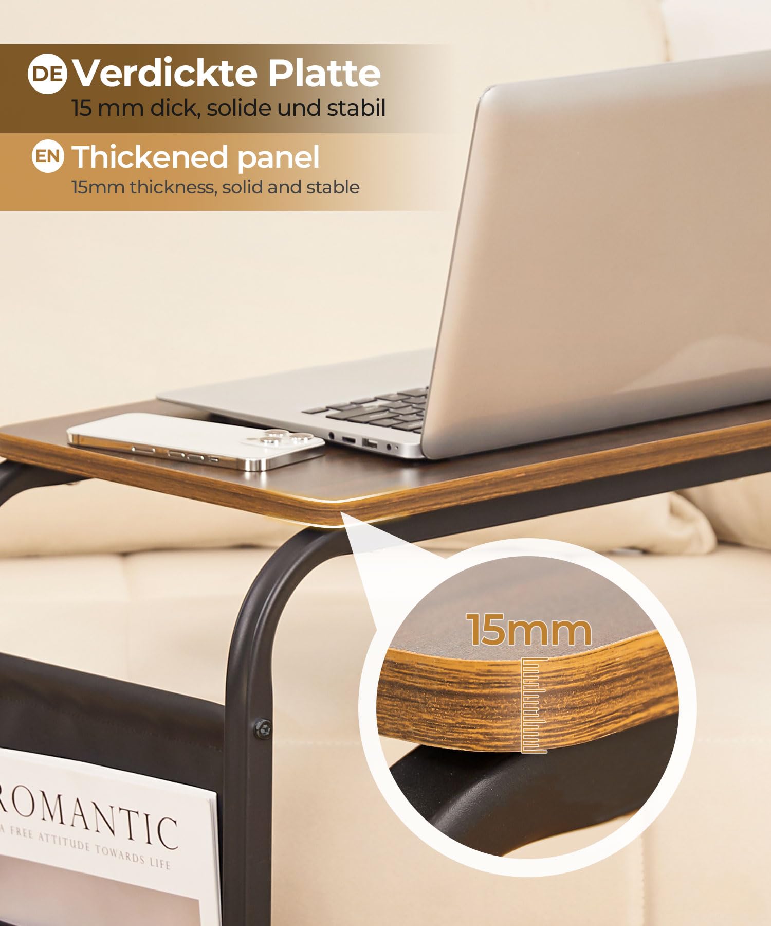 Yorbay Tavolino in legno, divano con ruote e custodia, tavolino portatile a forma di C con struttura in metallo, 46 x 30 x 62 cm, tavolino da salotto, caffè e computer portatile