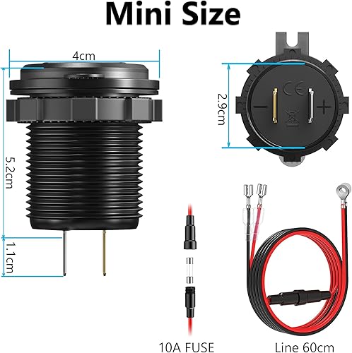 Miniatura 6 de [Carcasa de metal] Salida USB de 12 V Dual QC 3.0: Qidoe Enchufe de aluminio de 12 voltios para motocicleta con interruptor de botón voltímetro LED,