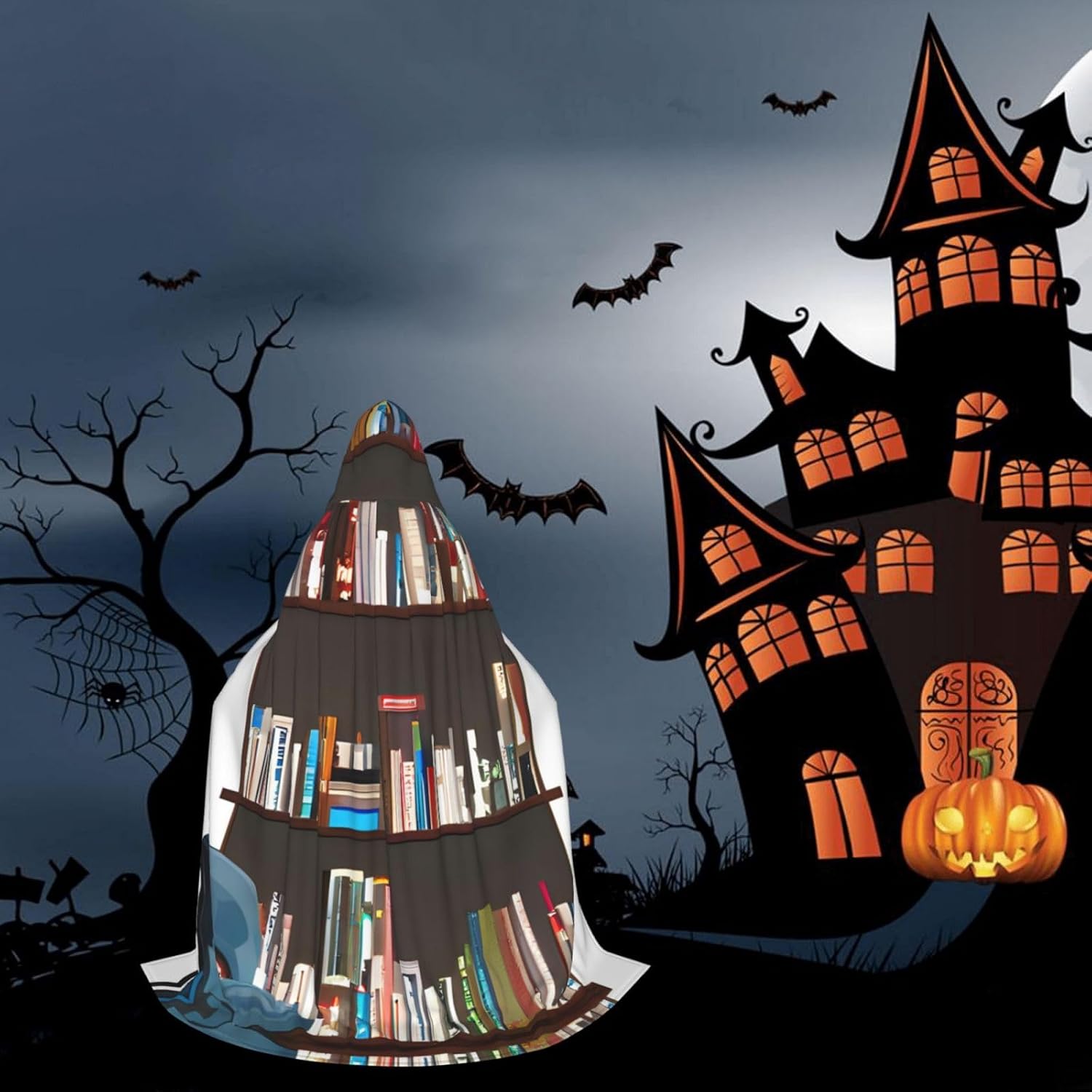 Library Bookcase print Wizard Hooded Robe Medieval Cape Renaissance Cloak for Men Women Halloween Costume