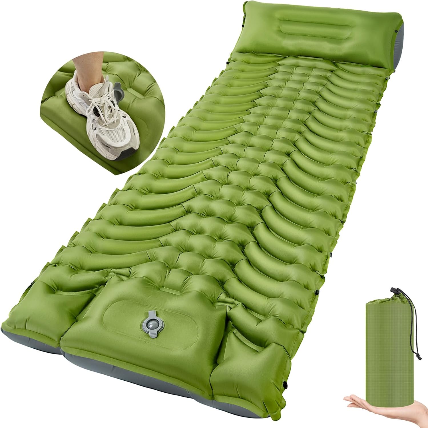 Inflatable Camping Sleeping Pad with Built-in Foot Pump & Pillow - Portable Lightweight Air Mattress for Backpacking, Hiking, Tent - Compact Travel Sleep Mat (Green)