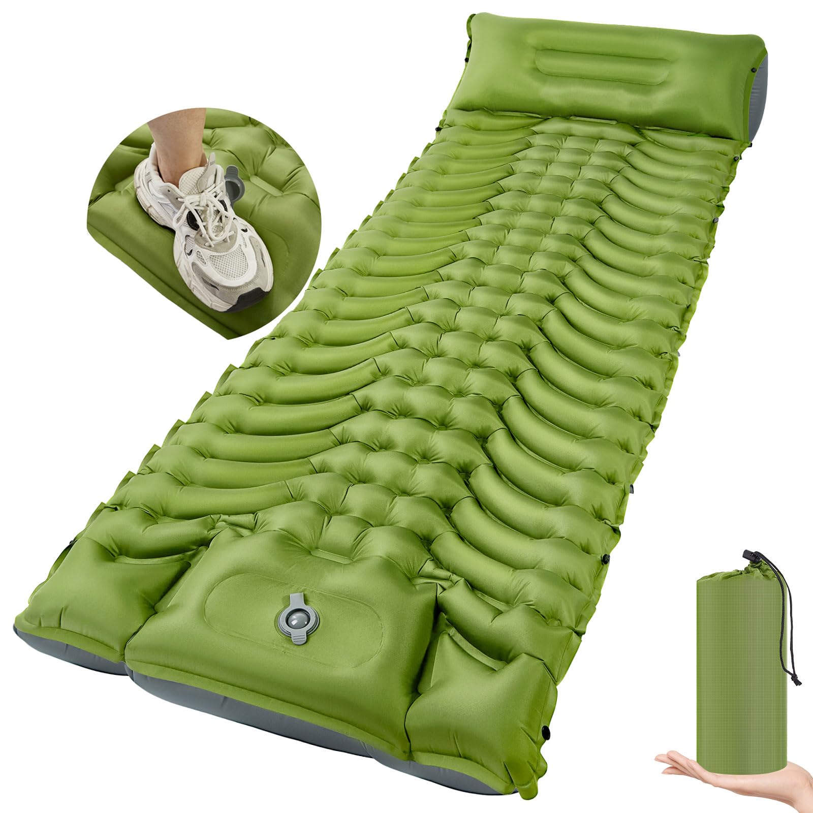 Matelas de camping gonflable avec oreiller, pompe à pied intégrée, tapis compact pour camping, randonnée, voyage, tente (vert)