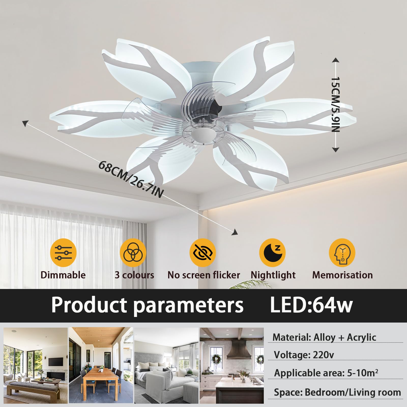 64W Blume Deckenventilator Mit Beleuchtung Und App, Dimmbar LED Deckenlampe Mit Ventilator Für Schlafzimmer Und Wohnzimmer, 6 Gang, Reversibel, Leise Lampe Ventilator, Weiß