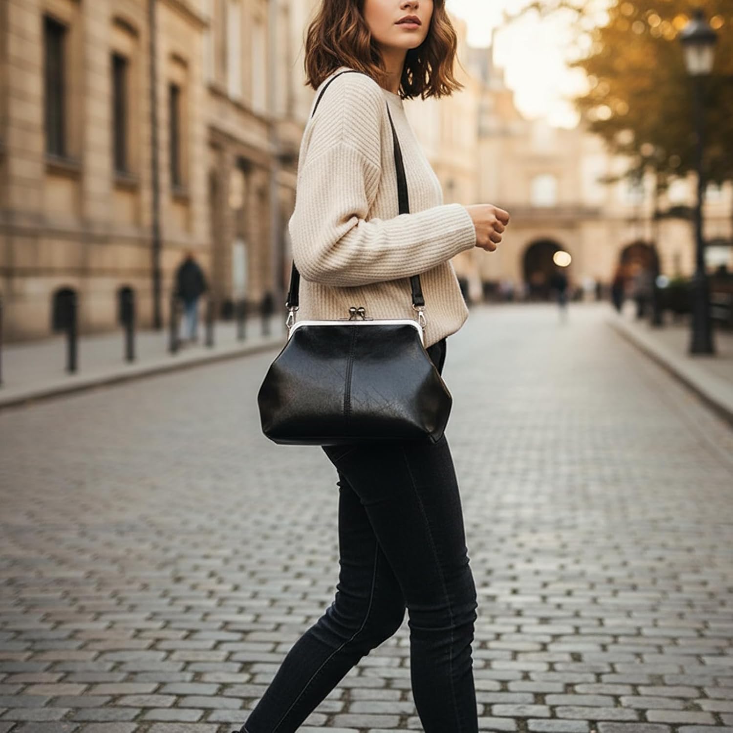 Kiss Lock Crossbody Bag Pu Leather Shoulder Bags For Women Kiss Clasp Handbag Trendy Tote Purse Evening Clutch