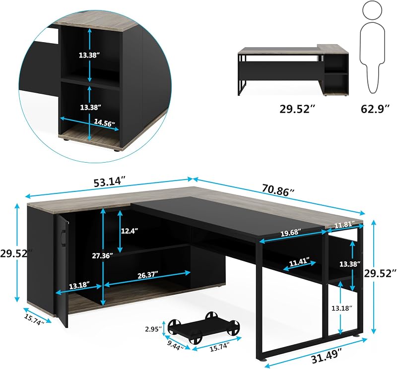 Tribesigns 71 inch Executive Desk, L Shaped Desk with Cabinet Storage image 2
