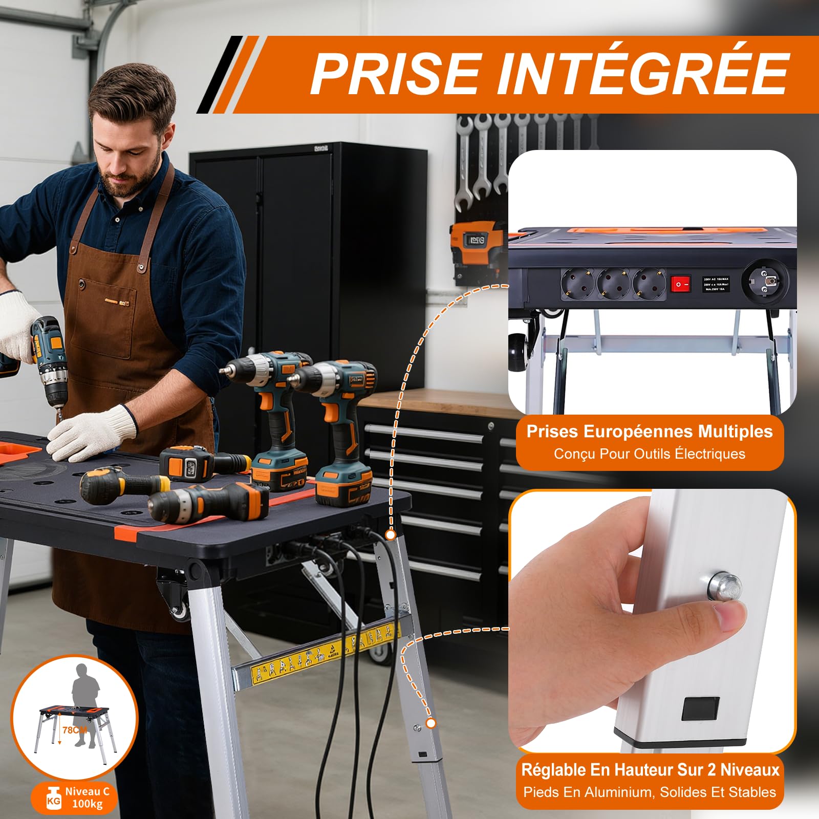 TLGREEN Etabli Pliant 7 en 1,Établi Pliable,Etabli de Travail,Multifonction Plateforme de Travail Hauteur Réglable,Chariot Pliable Portable avec 4 pcs Roues,Échafaudage pour Les Travail de Bricolage