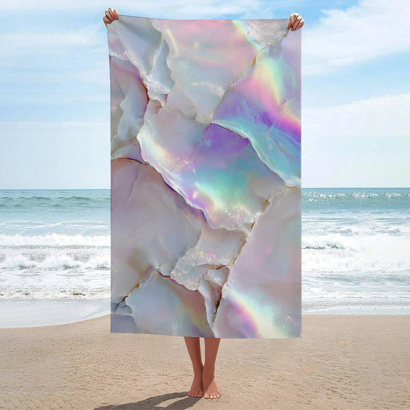 asbwuo Pastel Iridescent and White Marble Texture Beach Towel