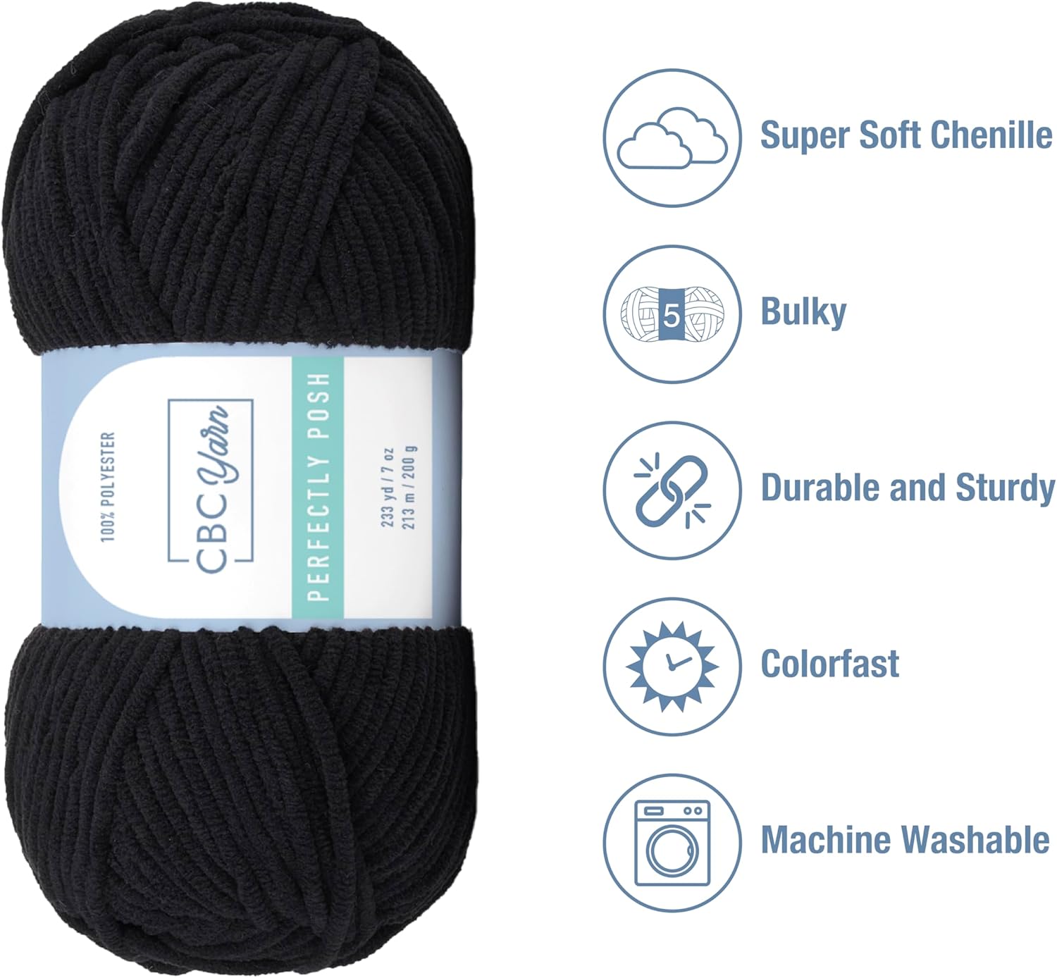 CBC Perfectly Posh Chenille Yarn for Knitting, Crocheting and Amigurumi - 2 Pack (7 oz / 200g, 233 Yards Each Skein), Black, Gauge 5 Bulky