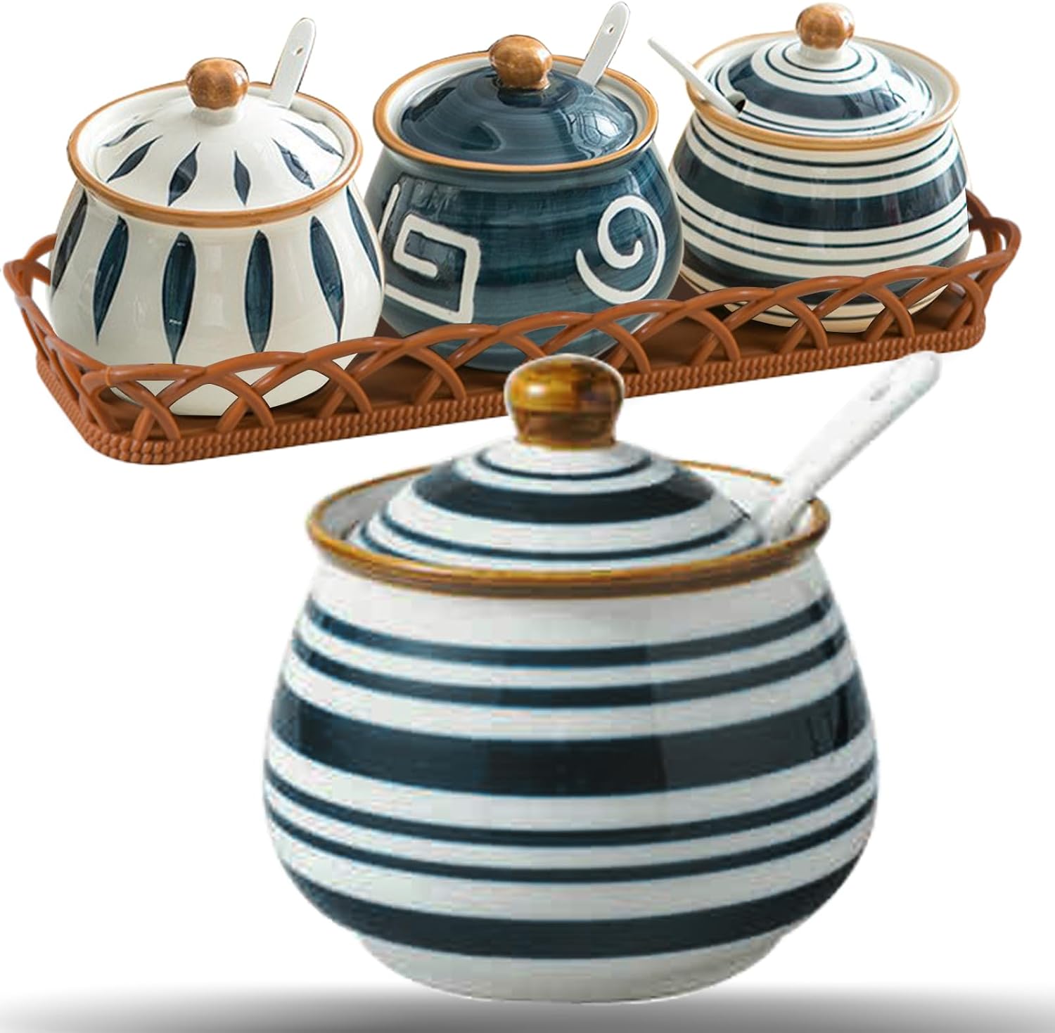 Kitchen Ceramic Condiment Jars with Lids and Spoons, 3 Piece Kitchen Ceramic Seasoning Jar Set for Salt Spice Suger Pepper, Sugar Coffee Tea Container Pot with Serving Tray - Red Strawberry