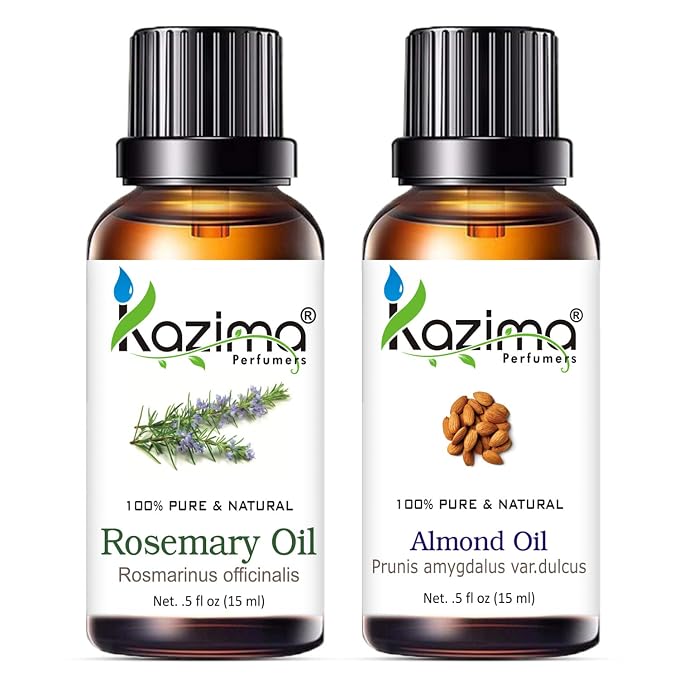 KAZIMA Combo of Rosemary Oil and Almond Oil - 100% Pure & Undiluted Oil for Hair Growth, Acne, Scars & Aromatherapy, 15 ml each