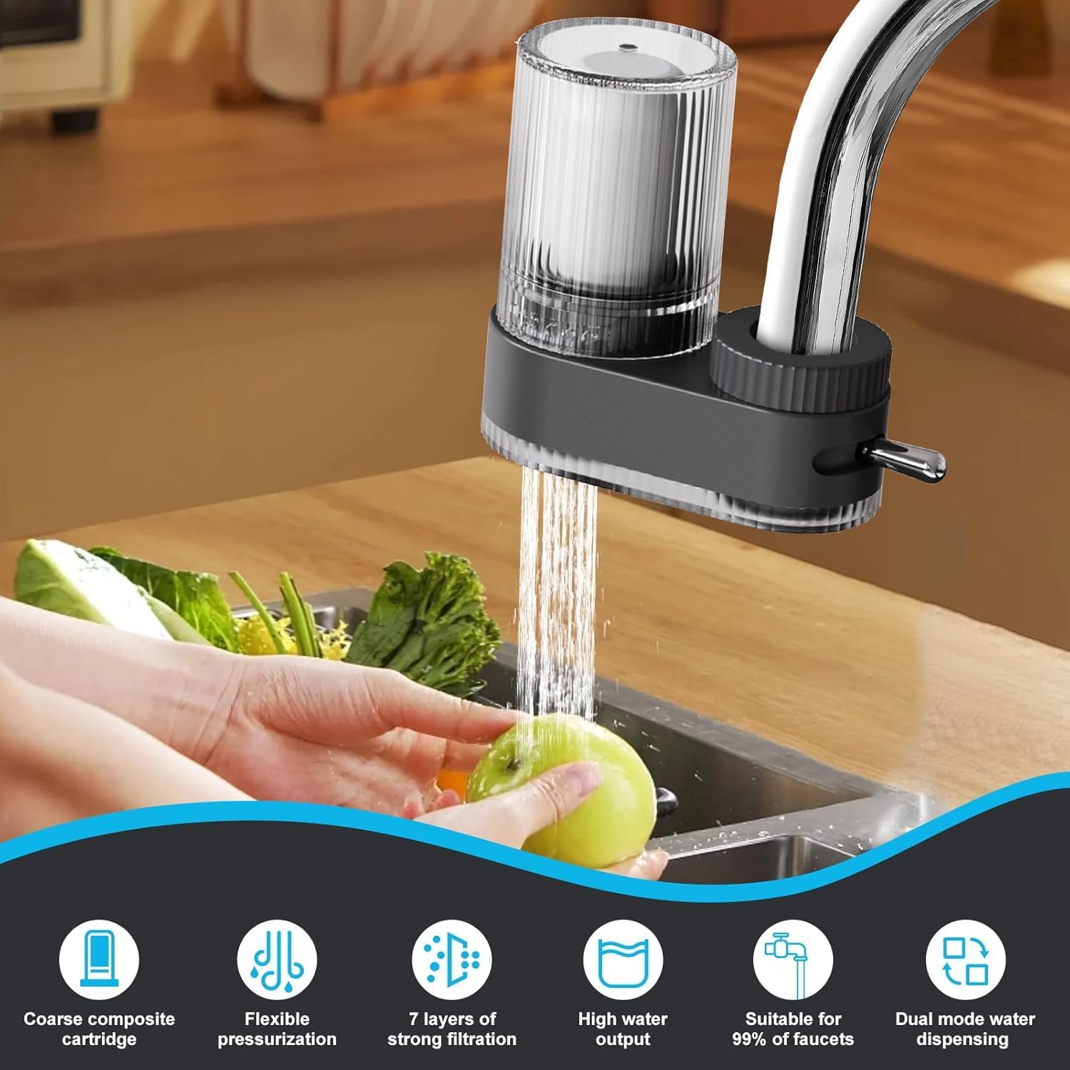 Faucet Water Filter for Sink, Rapid Flow - 400 Gallons Faucet Mount Water Filtration System for Tap Water, NSF Certified Reduces Chlorine,Natural 7 Layer Composite Cartridge Water Filter Tap
