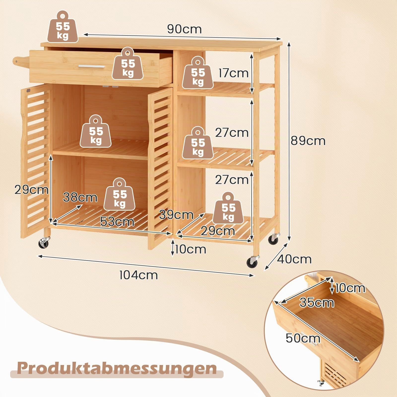 COSTWAY Küchenwagen aus Holz und Bambus, Küchenschrank mit Rollen, Rollwagen mit Schublade, offenen Regalen, Handtuchhalter, 2 Lattentüren, für Esszimmer, Wohnzimmer, 104 x 40 x 89 cm, Natur
