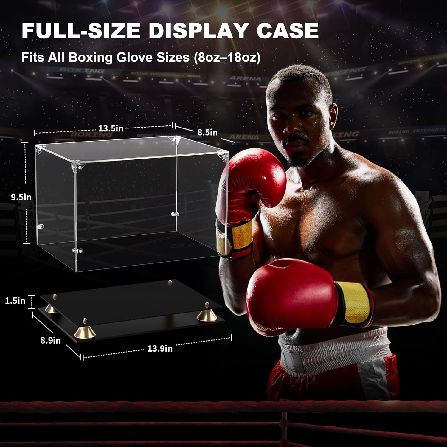 KOLIPI Boxing Glove Display Case, Clear Acrylic Display Case with Double Layer Base for Full Size Boxing Glove, Self-Assembly Showcase Protector for Signed Memorabilia