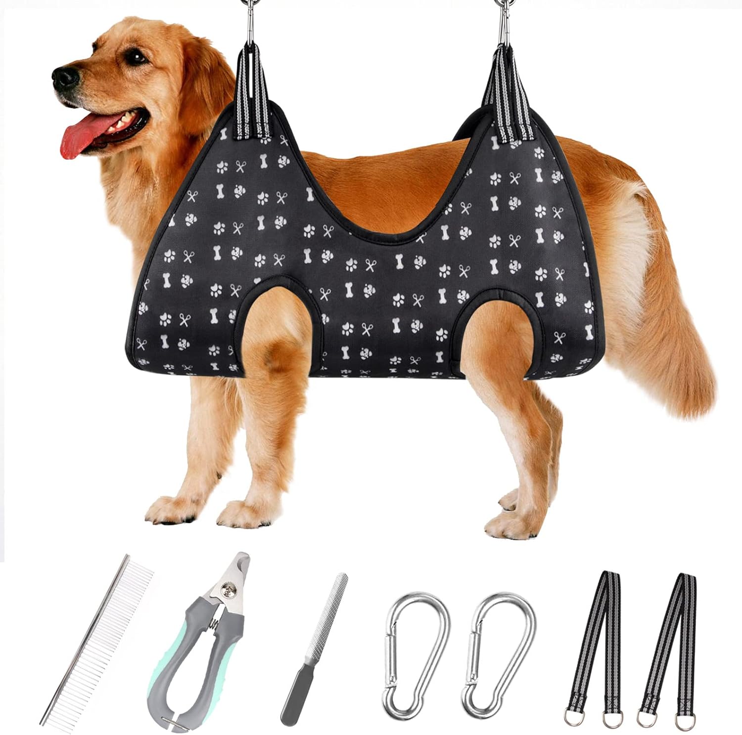 Pet Grooming Hammock Harness with Nail Clippers/Trimmer, Nail File, Comb, Cute Printed Breathable Cats & Dogs Hammock Sling for Grooming (XL, Black)