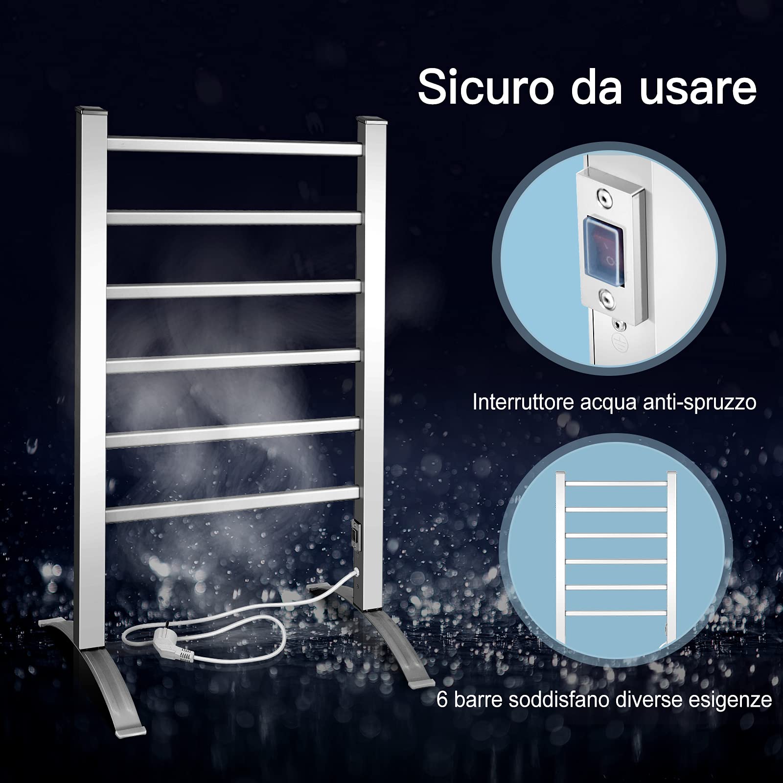 COSTWAY Portasciugamani Multifunzionale Elettrico 2 in 1 | Portasciugamani Elettrico per Vestiti e Asciugamani 100 W, con 6 Sbarre, Struttura in Alluminio, Portasciugamani per Bagno