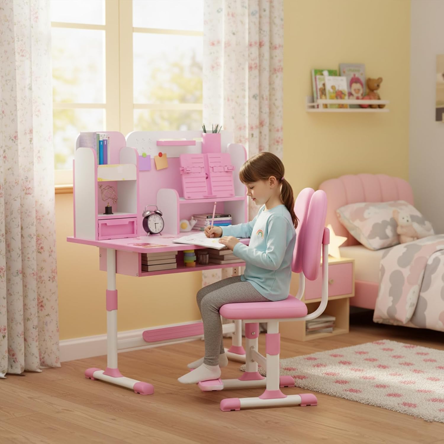 Kids Study Desk Chair Set, Height Adjustable Ergonomic Children Learning Table Chair Combo, Dual Back Support School Desk Chairs Sitting Corrector Kids Writing Table (Pink)