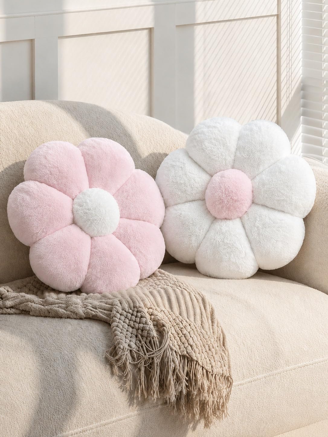 Set of 2 Flower Shape Cushion Pillow Set | Soft Plush Daisy Decorative Throw Pillows for Bed:: Sofa & Kids Room | Cute Aesthetic Flower Cushions (Pink & White)-picture-19