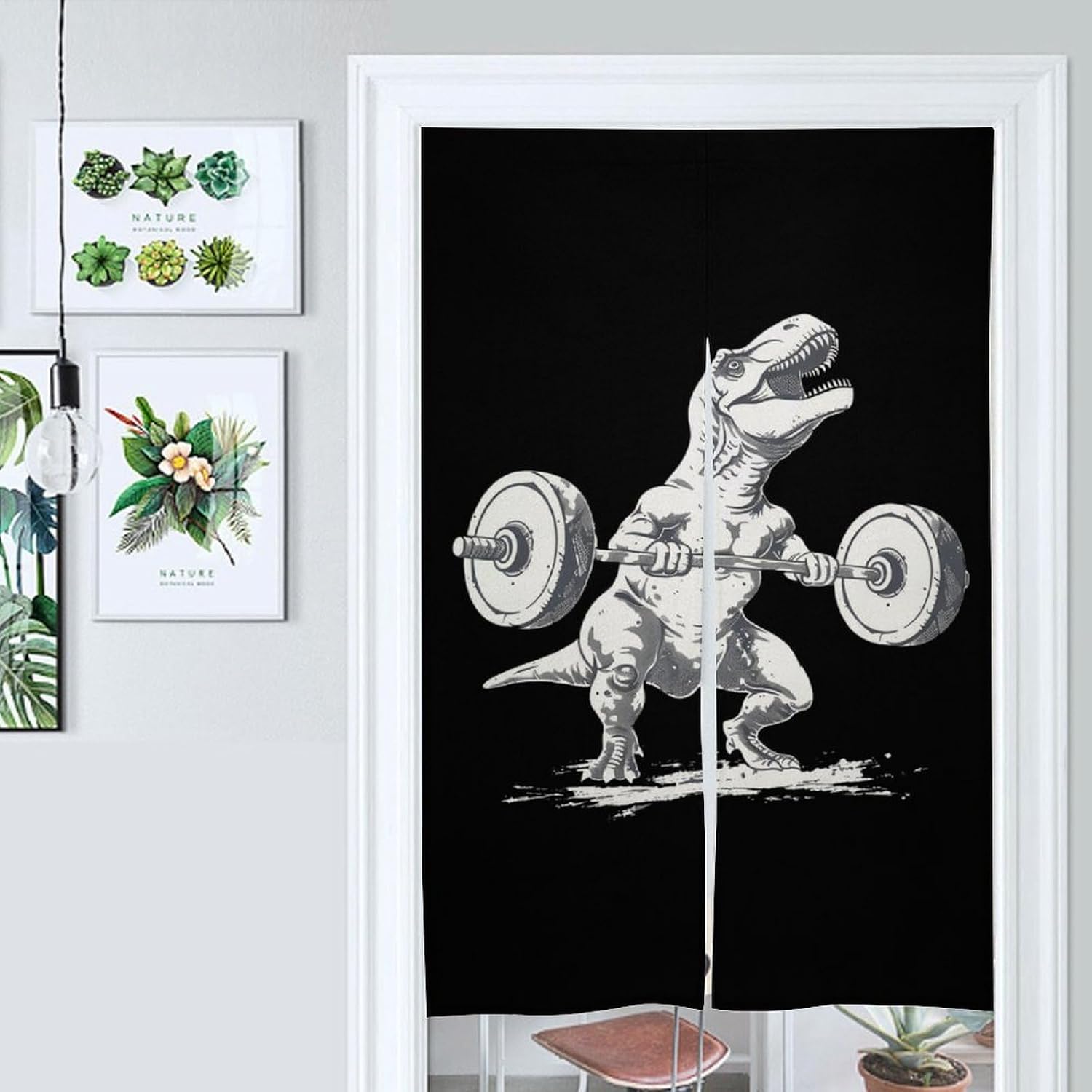Dinosaur Lifting Weights Fit Noren Doorway Split Shower Curtain Long Type Window Treatment for Privacy Partition Divider